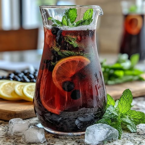 A glass of sparkling Black Currant It Berry Celebration Drink garnished with fresh mint and berries over ice.