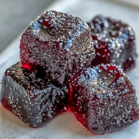 Black Currant Gummies glistening with sugar, perfect for a gluten-free candy platter or snack.