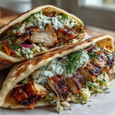 Golden-brown chicken pieces nestled in soft pita bread, topped generously with a crisp cabbage and carrot ranch slaw flecked with dill and parsley.