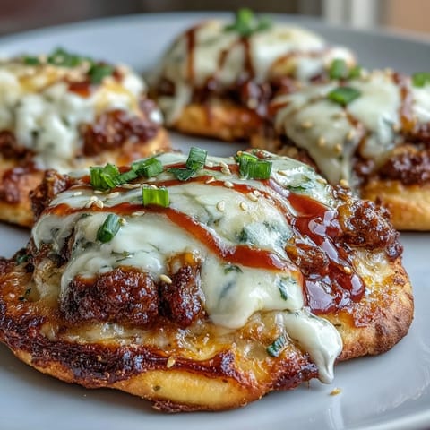 Golden, bubbly Cheeseburger Garlic Naan Pizzas fresh from the oven, featuring seasoned beef and melty cheese sauce.