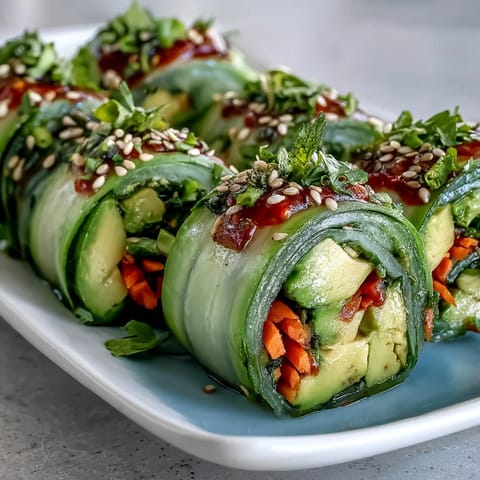 Freshly rolled Light Cucumber Avocado Rolls with Sesame, ready to eat, displayed on a wooden cutting board. Thin strips of cucumber wrap around creamy avocado and bright orange carrot, highlighting the vegan and gluten-free ingredients. 