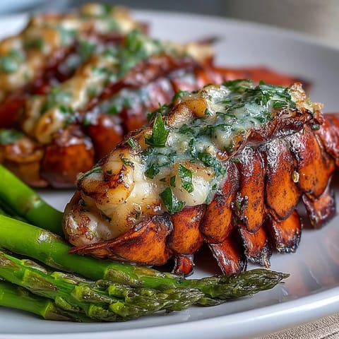 Juicy lobster tails and roasted asparagus drizzled with melted garlic butter on a rustic wooden table.