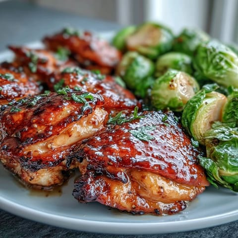Juicy chicken thighs coated in sweet-tangy honey mustard glaze, roasted on a single pan alongside caramelized Brussels sprouts and red onion wedges for an easy dinner.