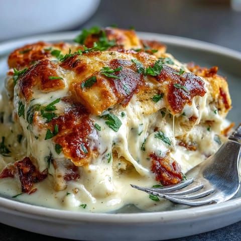 Golden, bubbly Keto Chicken Cordon Bleu Casserole emerges from the oven, featuring tender chicken, diced ham, and melted Swiss cheese in a creamy mustard sauce.