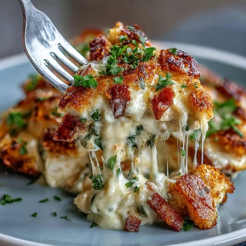 Freshly chopped parsley garnishes this low-carb Keto Chicken Cordon Bleu Casserole, served hot and ready to pair with a crisp side salad for dinner.