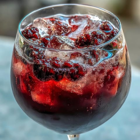 A vibrant black currant and cassis cocktail with chilled white wine, garnished with fresh blackcurrants for a refreshing aperitif.