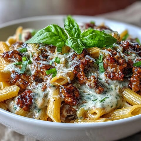 A creamy one-pot pasta with red wine-infused sausage, tomatoes, and Parmesan in a rich, comforting sauce.  