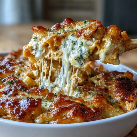 Golden-baked Creamy Buffalo Ranch Chicken Pasta Bake featuring shredded chicken, ranch seasoning, and a rich buffalo cream sauce in a bubbling casserole.