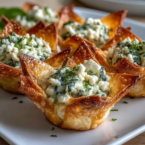 Golden baked wonton cups holding a rich spinach and feta filling, garnished with fresh dill for a flavorful appetizer.  