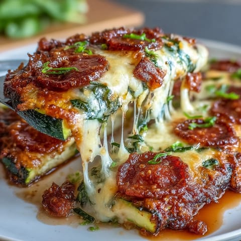 Keto Pepperoni Zucchini Pizza Boats with Mozzarella Melt, showcasing golden melted cheese and savory pepperoni slices atop fresh zucchini halves, perfect for a low-carb dinner.
