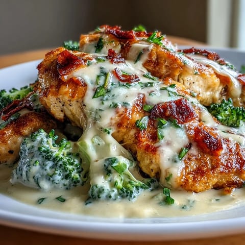 Keto Chicken Alfredo served over steamed broccoli florets, topped with creamy Parmesan sauce and fresh parsley.