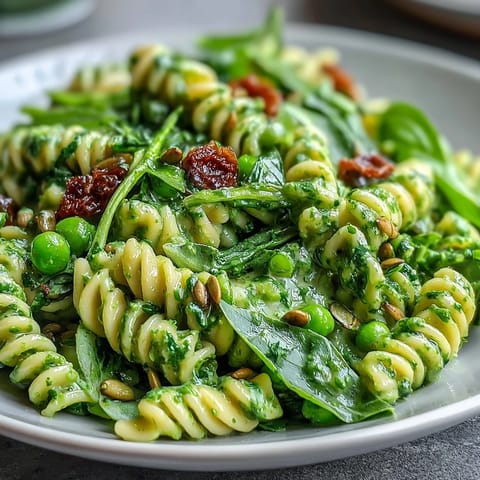 Vibrant vegan creamy green goddess pasta salad with peas, basil, and fresh veggies in a tangy dressing.  