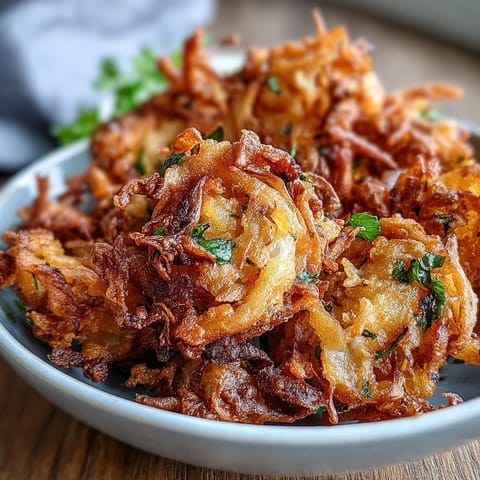 Golden and crispy air fryer onion bhajis with aromatic Indian spices, perfect for a healthy vegan snack.  