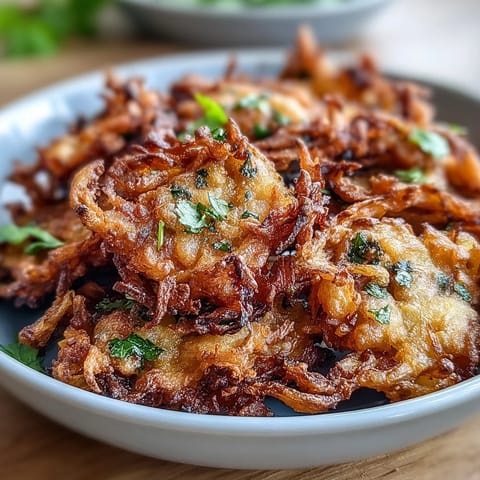 Crispy onion fritters made with gram flour and fragrant spices, air-fried to golden perfection for a guilt-free treat.  