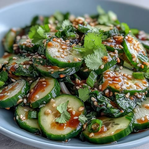 Refreshing Asian sesame cucumber salad with soy dressing, garnished with scallions and toasted sesame seeds for added crunch.
