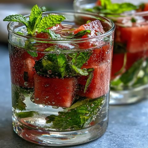 Vibrant watermelon and fresh mint blend in cold water, creating a naturally sweet and invigorating drink ideal for brunch or picnics.