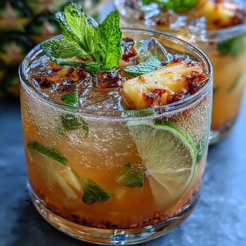 Vibrant pineapple ginger fizz with fresh mint, lime, and sparkling water in a tall glass with ice.