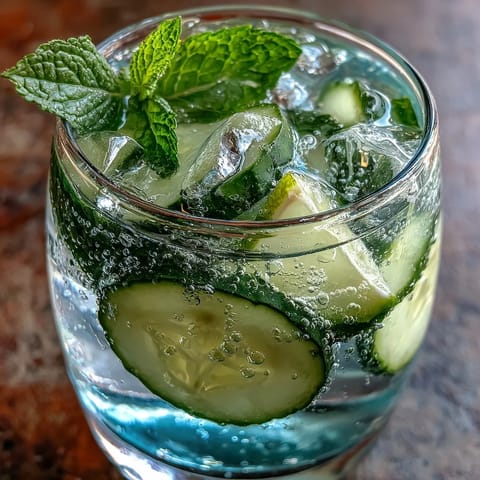 Refreshing cucumber mint sparkling water with fresh mint leaves and lime, perfect for summer hydration and non-alcoholic gatherings.