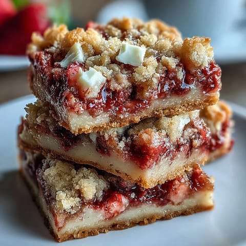 A tray of strawberry cookie bars with white chocolate chunks, golden edges and juicy fruit peeking through.