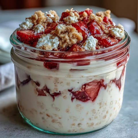 A jar of creamy cottage cheese strawberry cheesecake overnight oats with fresh strawberry chunks and a sprinkle of graham cracker crumbs.