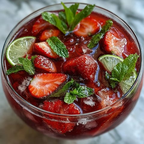 A vibrant strawberry daiquiri punch bowl filled with fresh berries and mint, perfect for festive gatherings and spring celebrations.