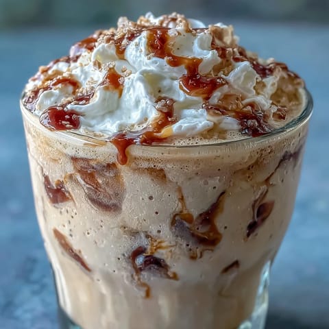 Creamy vanilla frappuccino with cold brew ice cubes in a tall glass, topped with whipped cream and vanilla bean drizzle.