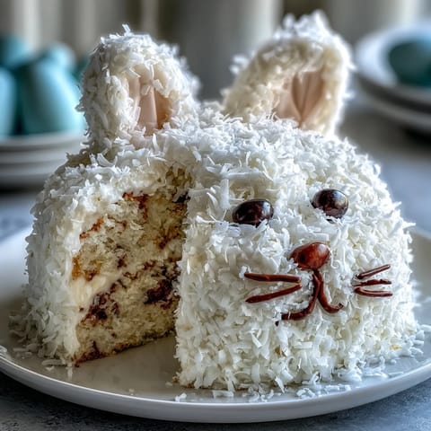 Whimsical Easter Bunny Cake with coconut frosting, featuring soft vanilla layers and shredded coconut for a fluffy bunny effect.
