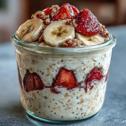Creamy strawberry banana overnight oats with chia seeds, topped with fresh fruit for a healthy breakfast.  