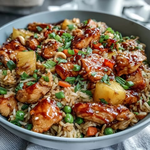 A vibrant bowl of Hawaiian pineapple chicken fried rice with juicy pineapple chunks and tender chicken pieces mixed with colorful vegetables and fluffy jasmine rice.