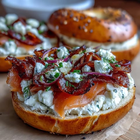 Cottage Cheese Bagels Topped with Smoked Salmon and Fresh Dill
