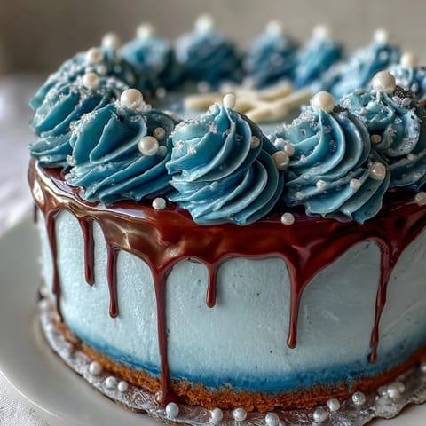 Pisces Cake Sheet Cake with Ocean Wave Piping, a whimsical vanilla dessert adorned with ombré blue buttercream waves and edible pearls.