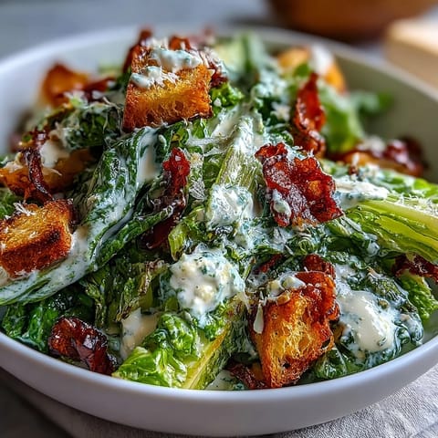 Crisp celery and romaine Caesar salad topped with golden homemade croutons and shaved Parmesan in a creamy, tangy dressing.