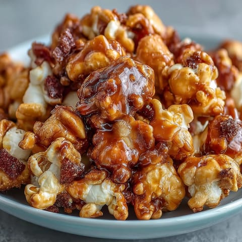 A colorful bowl of caramel popcorn mixed with dried apples and candy pieces for a festive snack.