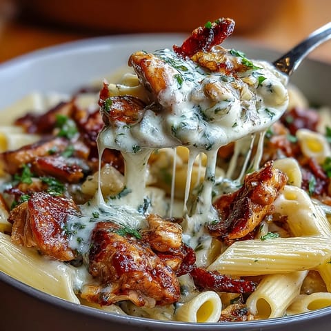 Creamy Crockpot Mississippi Chicken Pasta with tender chicken and tangy pepperoncini in a rich, cheesy sauce.