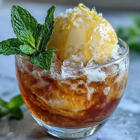 Refreshing lemon sorbet and Limoncello topped with bubbly sparkling water, served with a spoon and straw.