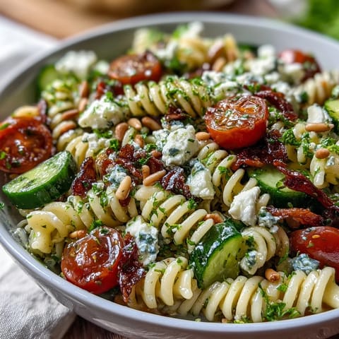 Refreshing lemon vinaigrette pasta salad with crisp cucumbers and juicy cherry tomatoes, ideal for picnics or potlucks.