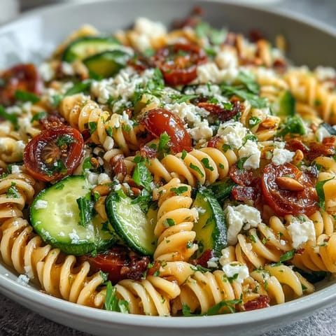A vibrant pasta salad with lemon vinaigrette, cucumbers, and cherry tomatoes, perfect for a light summer meal.
