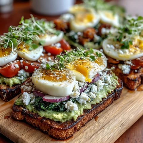 Creamy avocado spread on sourdough toast with radishes, cherry tomatoes, and microgreens for a fresh brunch.  