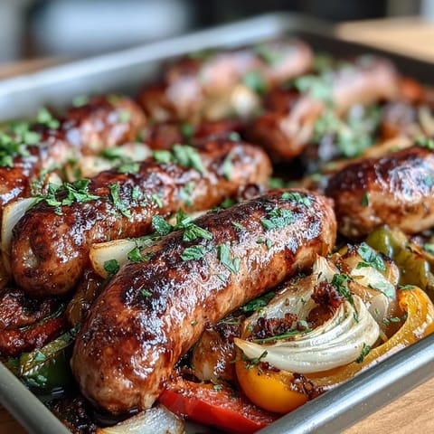 Juicy Italian sausages and colorful bell peppers roasted to perfection on a sheet pan for an easy, flavorful dinner.
