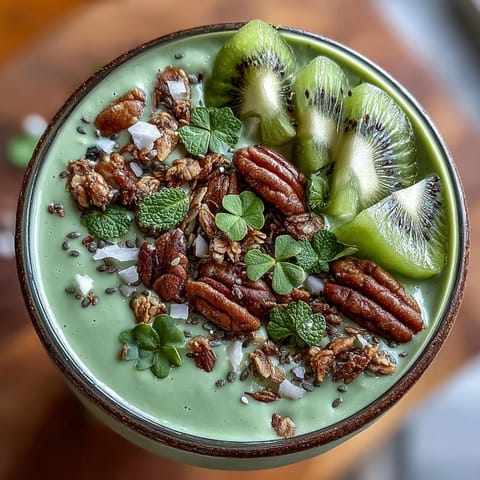 A vibrant green shamrock protein smoothie bowl with kiwi slices arranged in a clover shape, topped with granola, chia seeds, and mint leaves.