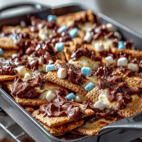 4th of July Smores Dip in a cast iron skillet, with melted chocolate, toasted marshmallows, and patriotic candies, served with graham crackers and berries.