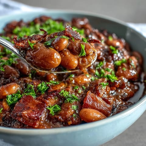 A bubbling skillet of Summer BBQ Baked Beans with bacon, sweet molasses, and smoky paprika.