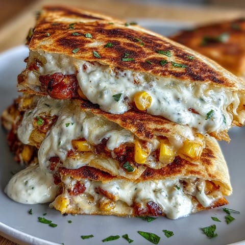 Golden quesadillas stuffed with Mexican street corn, Cotija cheese, and jalapeño, served with tangy chipotle crema.