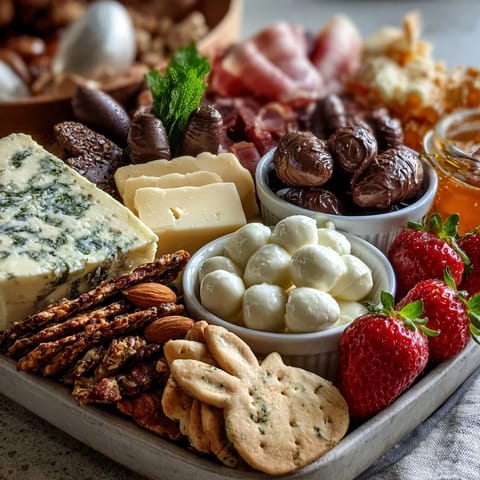 Spring Charcuterie: Mini Easter Basket Treat Board with vibrant cheeses, cured meats, and fresh fruits arranged in festive mini baskets, garnished with pastel candies and fresh herbs.