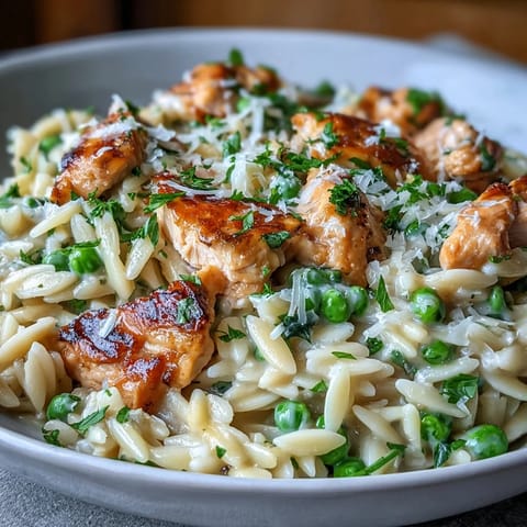 One-Pot Lemon Orzo with Chicken and Peas: Creamy, zesty orzo simmered with tender chicken and sweet peas in a single skillet for easy cleanup.