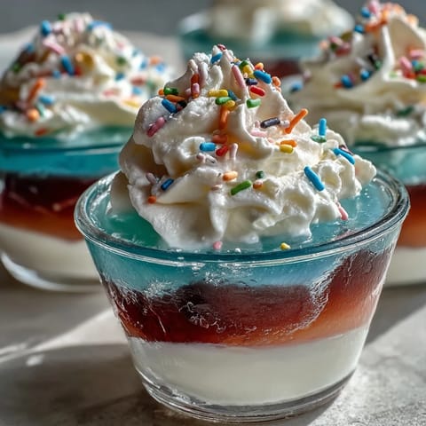 Vibrant rainbow Jello cups layered in clear cups, topped with whipped cream and colorful sprinkles for a festive dessert.