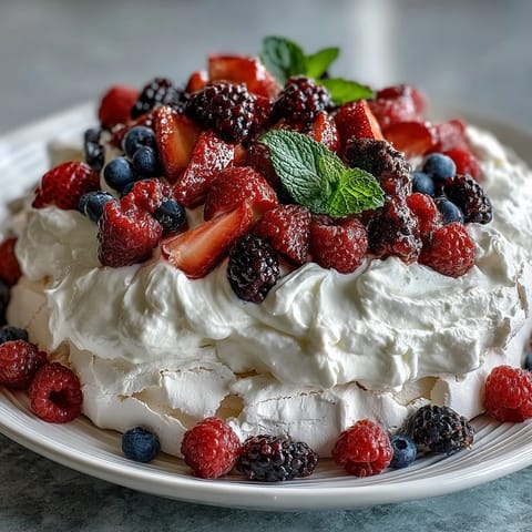 2. Delicate pavlova crowned with luscious whipped cream and a colorful mix of juicy strawberries, blueberries, and raspberries for a stunning dessert.  