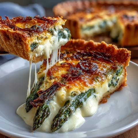 Spring Asparagus Quiche with Gruyère cheese and caramelized shallots in a golden, flaky crust, perfect for a spring brunch.