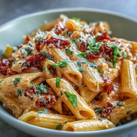 Viral pink sauce pasta features al dente rigatoni coated in a rich, tangy tomato cream sauce with a hint of garlic.