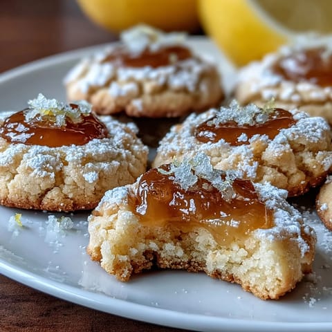 1. Bright lemon bar cookies with tangy lemon curd centers and a dusting of powdered sugar, perfect for a sweet-tart treat.